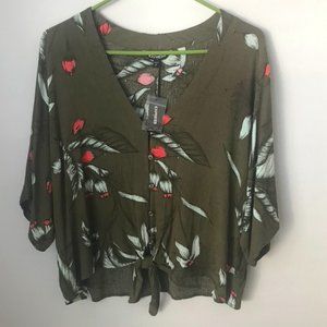 Express Tie Front Green Floral V-neck Top Size S